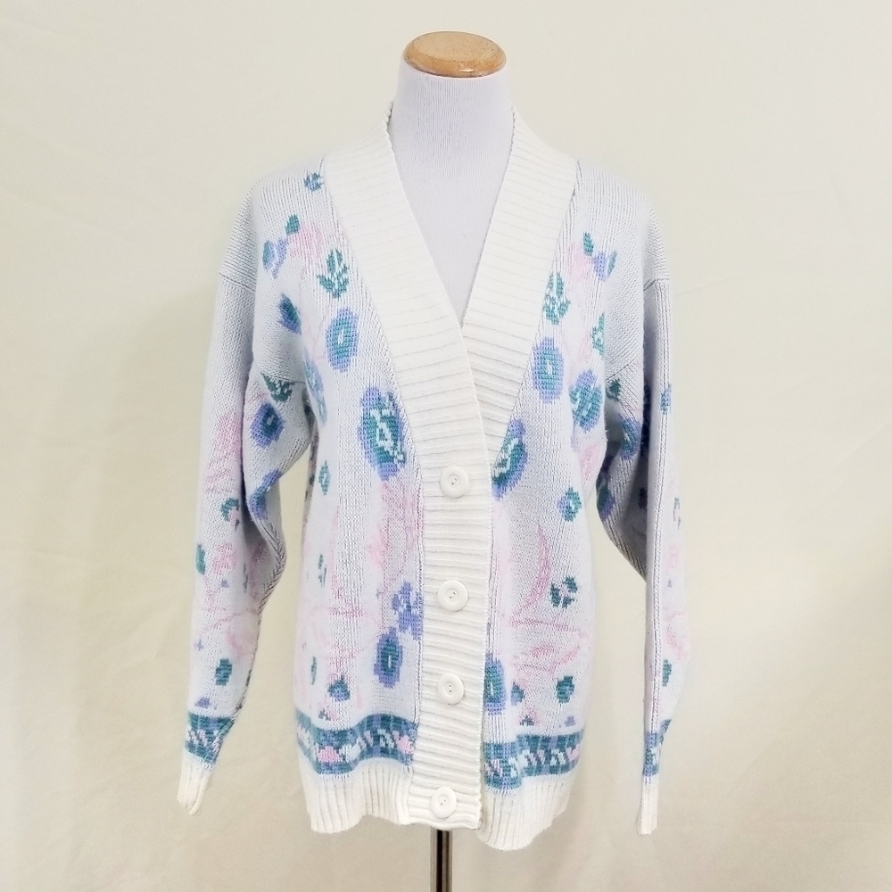 Vintage floral cardigan Nan Dorsey cream pink blue